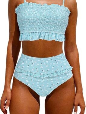 OMKAGI Women's Bandeau Bikini  Swimsuit High Waisted Bathing Suit Ruched SZ L